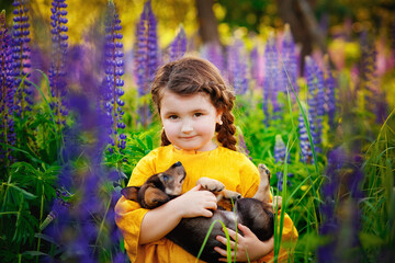 A girl in a yellow dress hugs a puppy in the nature, summer landscape. A child with a dog in a meadow among the tall blue flowers of lupin.