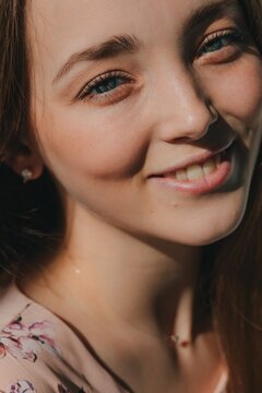Beauty portrait of young smiling woman with perfect skin 