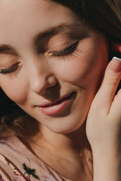 Beauty portrait with closed eyes. Flawless skin. Fresh and attractive 