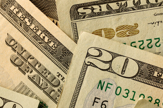Big amount of old 20 dollar bills details on macro photography. Money earnings, payday or tax paying period