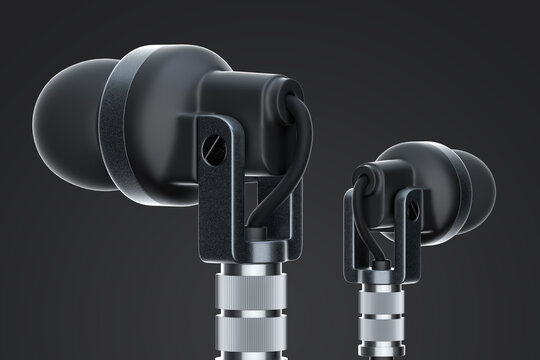 concept electronic product design of in ear headphones for musicians in beautiful clean plastic and leather black material with dramatic lighting in bright studio - realistic 3d render
