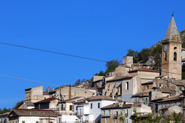 Calascio, mountaintop medieval town near the Castle of Rocca Calascio. Located within the Gran...