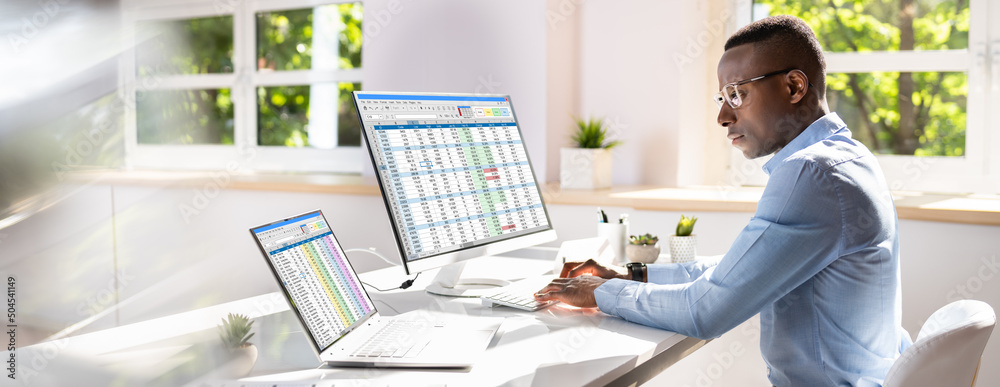 Poster Businessman Analyzing Data On Computer