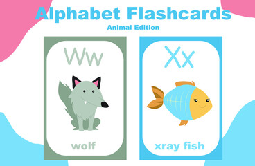 Animal alphabet flashcard. Educational printable flashcard. Vector illustrations.