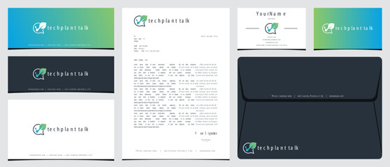 Obraz premium Leaf talk technology logo with stationery, business card and social media banner designs