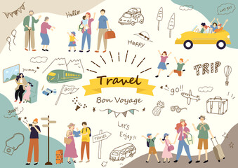 旅行をする人達と可愛らしい手描きイラストセット  © kid_a