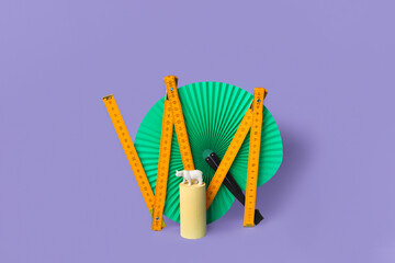 Composition with fan, ruler and column with toy white bear