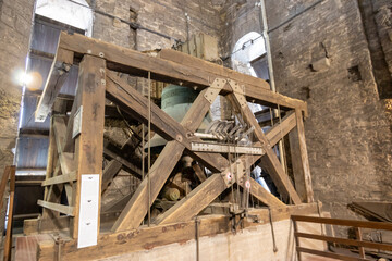 A big bell in the wooden bell-ringing machine, Belfry of Ghent, Belgium