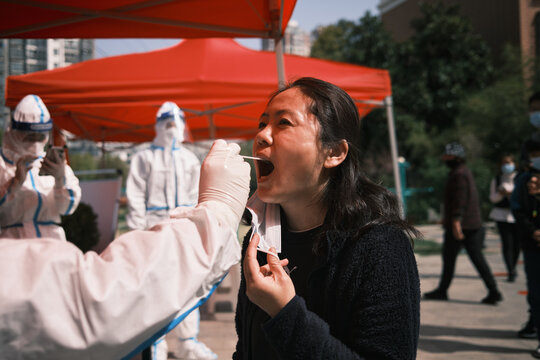 Asian Woman Receives A Throat Swab At A Community Testing Centre.