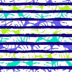 Obraz premium Monstera leaf with brushed stripes seamless pattern for summer holidays background.