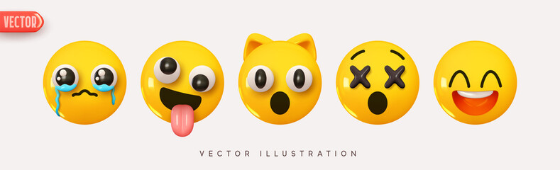 Set Icon Smile Emoji. Realistic Yellow Glossy 3d Emotions face, crying tears, surprised cat, laughing, dizzy. crazy smile. Pack 11. Vector illustration - obrazy, fototapety, plakaty