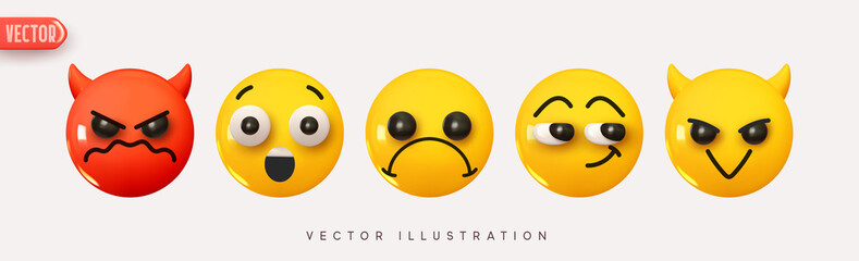 Set Icon Smile Emoji. Realistic Yellow Glossy 3d Emotions face, shocked, disappointed, angry, treacherous sly devil, surprised and open mouth Pack 17. Vector illustration
