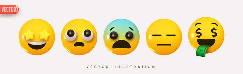 Set Icon Smile Emoji. Realistic yellow glossy 3d emotions face. Emoticons collection. Pack 32. Vector illustration - obrazy, fototapety, plakaty