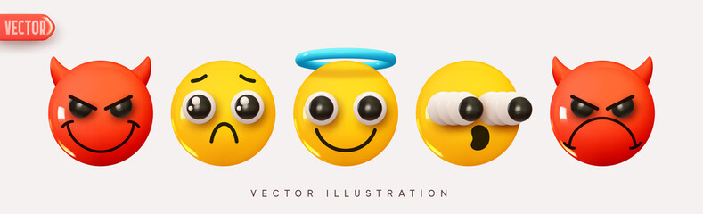 Set Icon Smile Emoji. Realistic yellow glossy 3d emotions face. Emoticons collection. Pack 35. Vector illustration