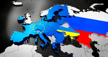 Map and flags of Ukraine, EU and Russia - 3D illustration