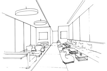 Sketch drawing of a lobby lounge and corridor area,modern design, vector, 2d illustration.