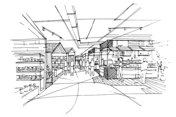 shopping mall corridor area The restaurants and shops sketch drawing,Modern design,vector,2d illustration