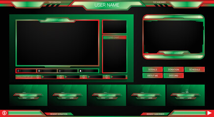 twitch Stream Facecam OBS Template Green Red overlay design Pack . modern template illustration vector