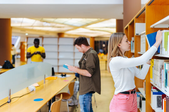 University students doing homework in the library