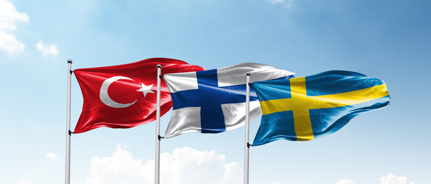 Ankara Turkey - May 14, 2022. Flags of Turkey, Finland and Sweden.
