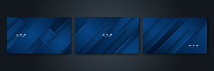 Fototapeta premium Blue triangles layer geometric with blue light effect on dark blue background with space for your text.