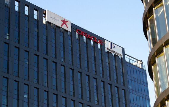 Lundbeck, Oracle and PerkinElmer logo signs on Quattro B Tower building. Signboards with brand logotypes at Kraków Quattro Business Park center office complex on March 21, 2022 in Krakow, Poland.
