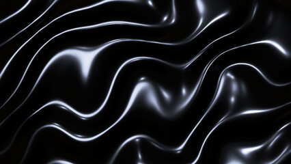 Black metal texture with waves, liquid dark metallic silk wavy pattern, 3D render illustration.