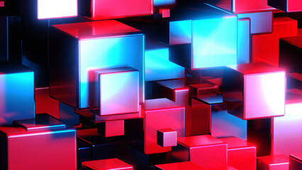 Abstract background 3D, many cubes with neon purple blue glow on black