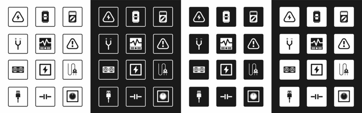 Set Multimeter, Electrical measuring instruments, cable, High voltage, Exclamation mark triangle, light switch, plug and outlet icon. Vector