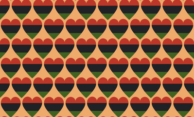Seamless pattern background with hearts in color of Pan African flag - red, black, green. Vector backdrop texture for Juneteenth, Black History Month, Kwanzaa.