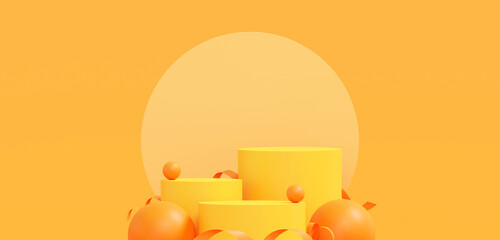 podium minimal on stage with spring and summer green and yellow platform. stage to show cosmetic and beverage product. stage summer on pedestal modern 3d studio green platform