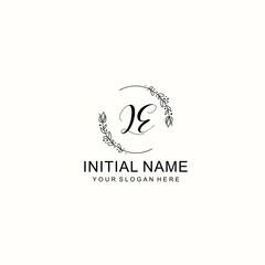 Initial letter LE handwriting with floral frame template