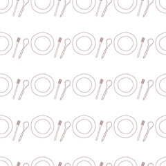 Seamless pattern with kitchenware illustrations plate, spoon and fork in doodle style