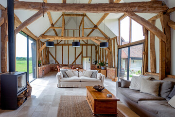 Large living area in a converted barn.