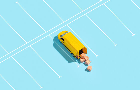 Parked Yellow delivery van delivering packages