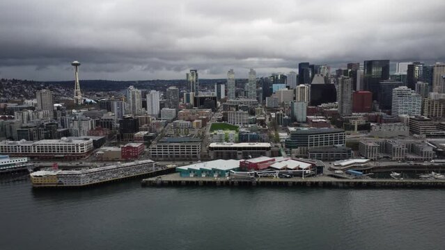 Aerial View of Seattle Skyline, Space Needle and waterfront on a Cloudy Day