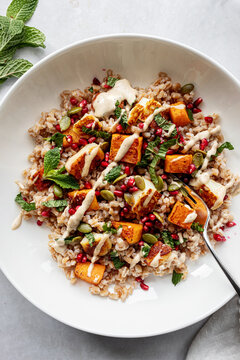 farro, squash, pomegranate bowl
