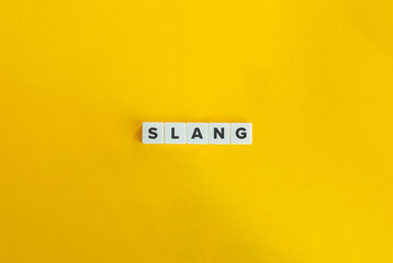 Slang Word and Banner. Letter Tiles on Yellow Background. Minimal Aesthetics. - obrazy, fototapety, plakaty