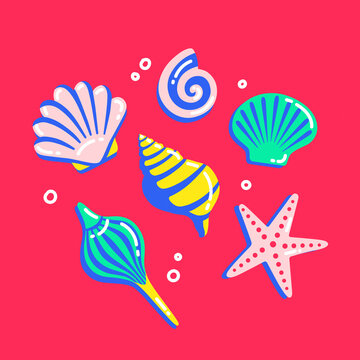 Sea shells stickers vector set. Colored cockleshell sea