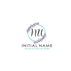 Initial letter NU handwriting with floral frame template