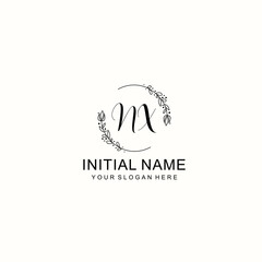 Initial letter NX handwriting with floral frame template
