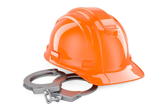 Construction hard hat with handcuffs, 3D rendering