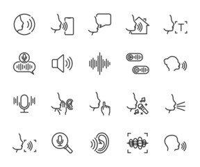 Vector set of voice line icons. Contains icons voice control, sound, whisper, shout, voice message, singing, sound wave, voice recognition and more. Pixel perfect.
