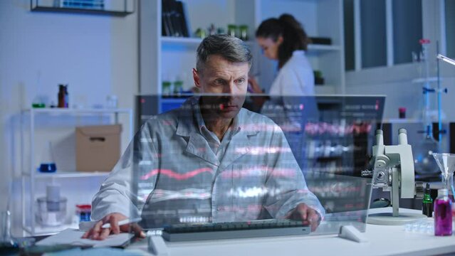 Medical lab scientist checking holographic test results, disease diagnostics