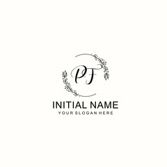 Initial letter PF handwriting with floral frame template