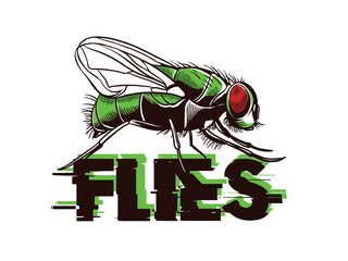 Flies icon set. Fly insect flying on a dotted route. Vector illustration