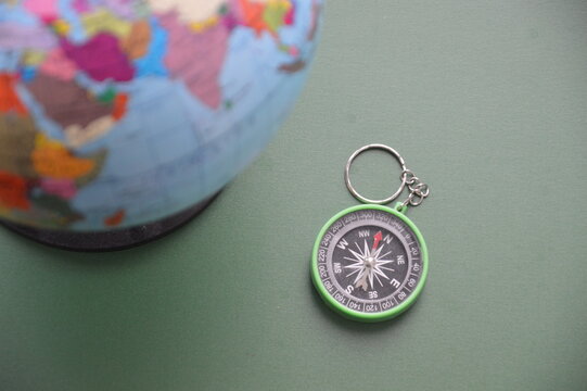 Hand compass for travel on the background of objects