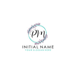 Initial letter PM handwriting with floral frame template