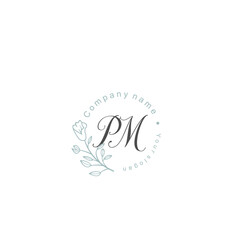 Initial letter PM handwriting with floral frame template