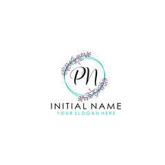 Initial letter PN handwriting with floral frame template